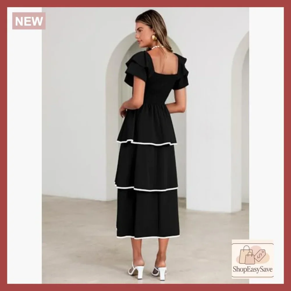 Boho Maxi Dress Smocked Tiered Square Neck Ruffle Casual Wedding Guest - Picture 6 of 7
